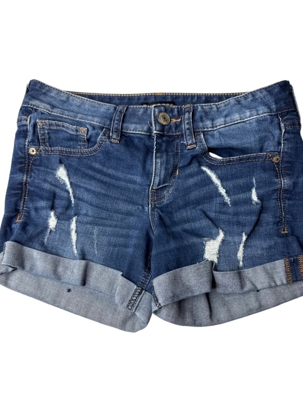 Express Womens Denim Midi Low Rise Distressed Shorts Size 4
